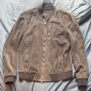 All Saints Grey Suede Bomber Jacket
